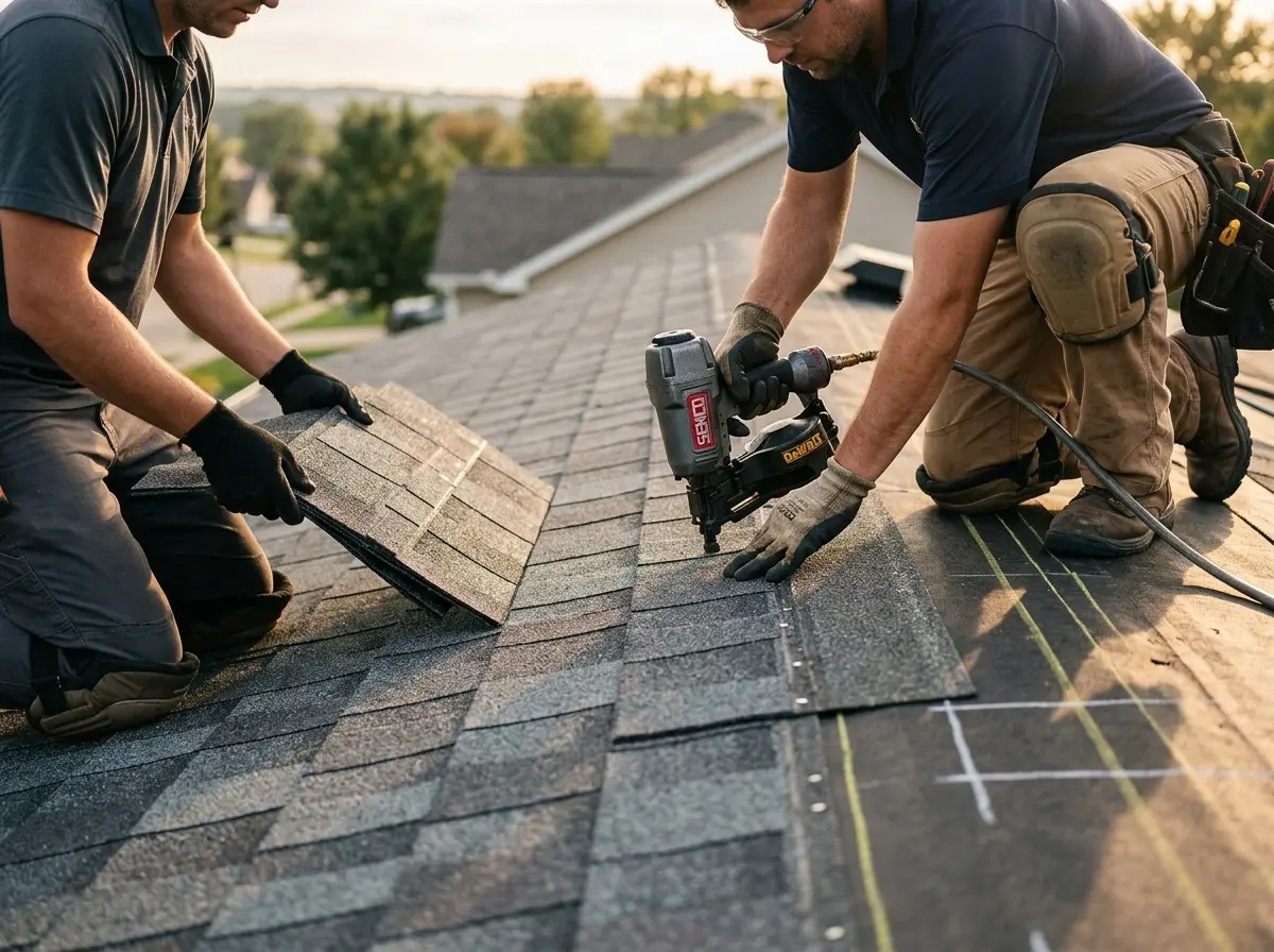 Professional roofer working on a residential roof in Oak Forest